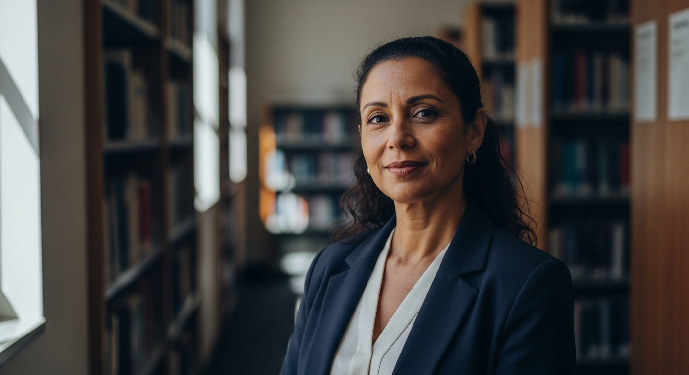 AI_IMAGE: Professional portrait of a Brazilian woman in her late forties with warm brown skin and dark wavy hair pulled back, wearing a deep navy blazer over an ivory silk blouse, standing in a university corridor with floor-to-ceiling bookshelves softly blurred behind her, natural window light from the left casting gentle shadows, scholarly and approachable expression, muted tones of ink-blue and warm amber | photorealistic portrait | 3:4
