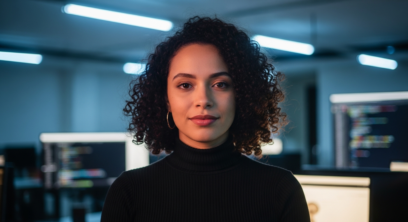 AI_IMAGE: Professional portrait of a young Brazilian woman in her mid-thirties with dark curly hair and light brown skin, wearing a simple black turtleneck, standing in a modern university computer lab with blurred screens showing code in the background, cool blue-white overhead lighting mixed with warm ambient glow, confident and focused expression, muted tones of graphite and soft ivory | photorealistic portrait | 3:4
