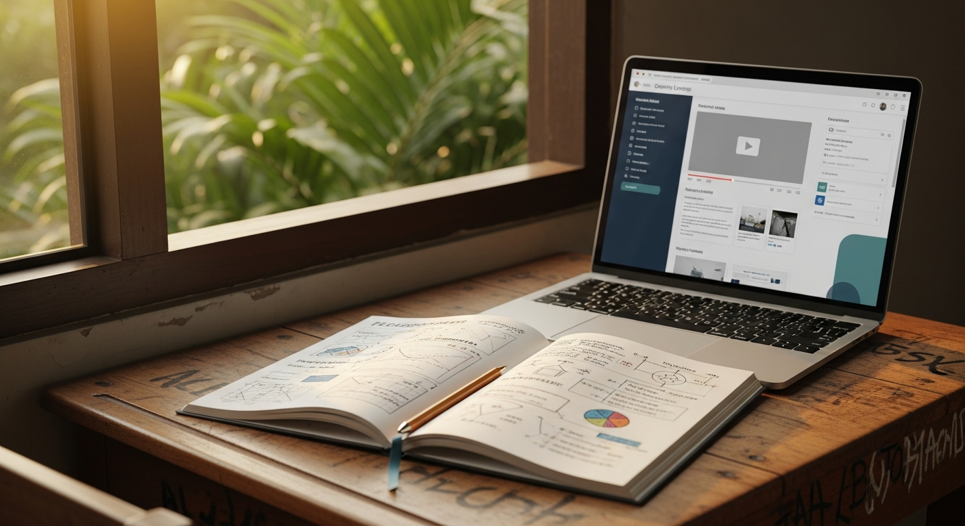 AI_IMAGE: An open notebook with handwritten pedagogical notes beside a laptop showing a digital learning platform interface, both sitting on a worn wooden school desk, warm natural light streaming through a classroom window with tropical foliage visible outside, shallow depth of field, muted tones of warm amber and soft navy | photorealistic still life | 16:9