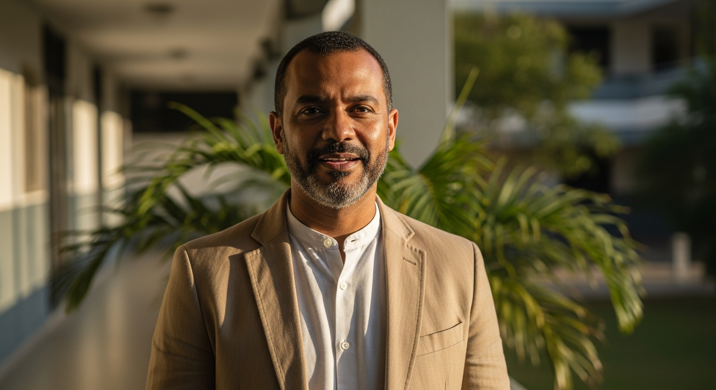 AI_IMAGE: Professional portrait of a Brazilian man in his early forties with dark brown skin and a neatly trimmed beard, wearing a linen blazer in warm sand tone over a white collarless shirt, standing on a university campus veranda with tropical plants softly blurred behind him, golden late-afternoon sunlight, warm and engaged expression, muted palette of warm ivory and deep graphite | photorealistic portrait | 3:4