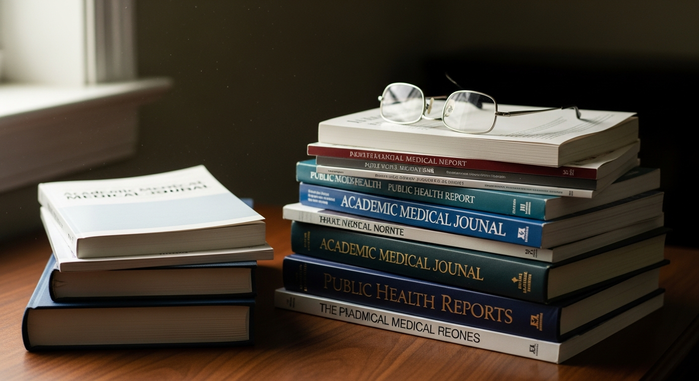 AI_IMAGE: A stack of academic medical journals and public health reports on a dark walnut desk, a pair of reading glasses resting on top, soft natural light from a window illuminating dust motes, shallow depth of field, muted tones of ivory and deep blue | photorealistic still life | 16:9