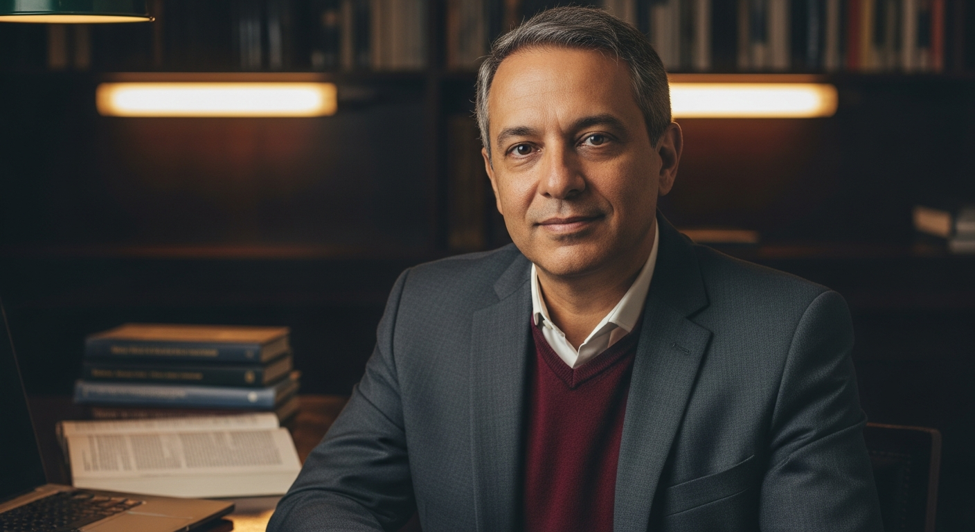 AI_IMAGE: Professional portrait of a Brazilian man in his early fifties with medium brown skin and short graying hair, wearing a charcoal suit jacket over a burgundy crew-neck sweater, seated at a dark wooden desk with medical journals and a laptop softly out of focus behind him, warm overhead library lighting, calm and thoughtful expression, muted palette of deep navy and warm ivory | photorealistic portrait | 3:4