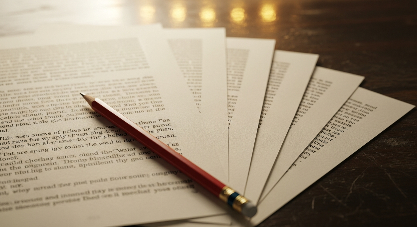 AI_IMAGE: Close-up of typed manuscript pages fanned across a dark surface, visible serif letterforms in black ink on cream paper, a red editorial pencil lying diagonally across the sheets, shallow depth of field with warm golden bokeh in the background | photorealistic editorial | 16:9