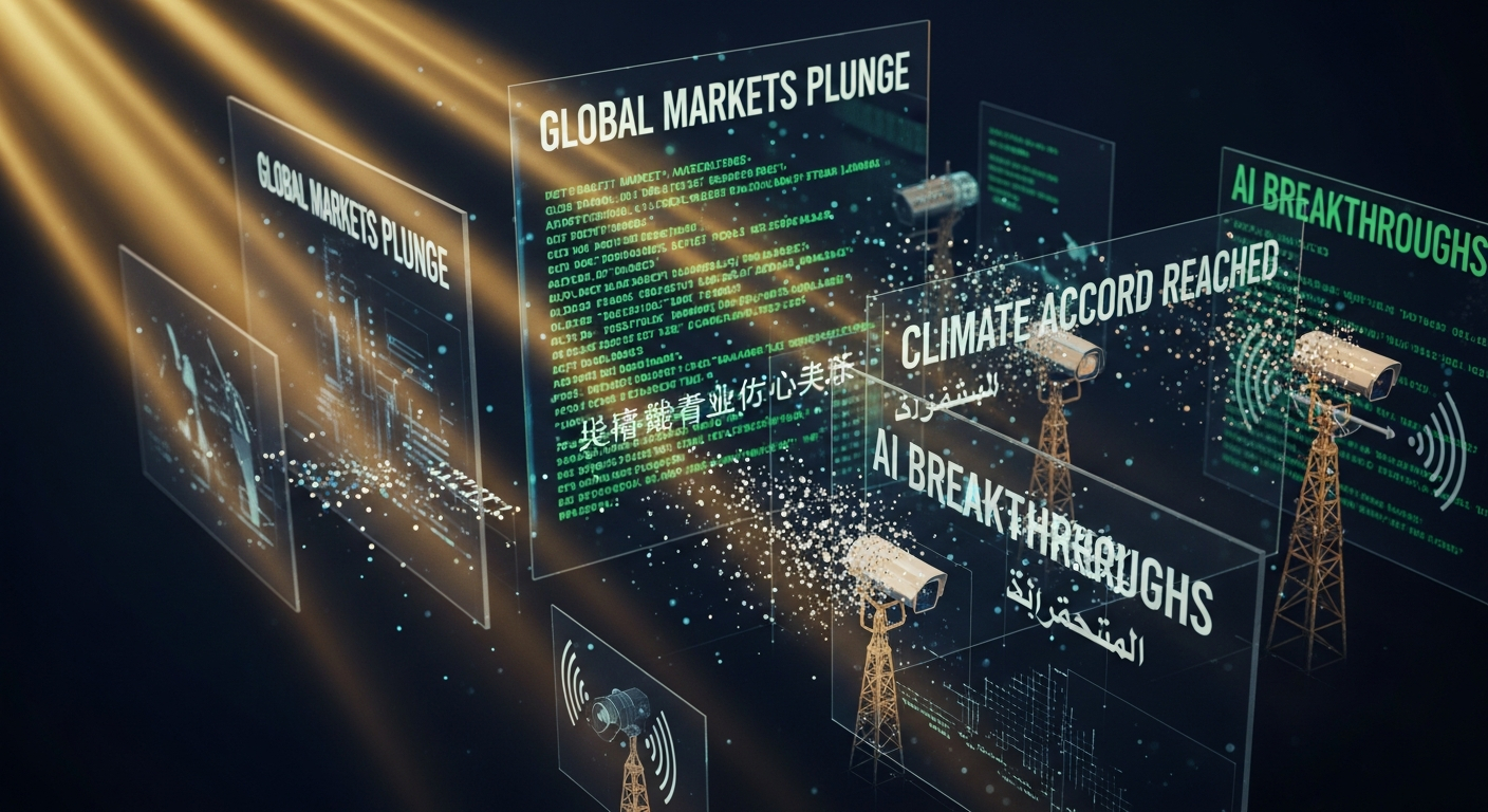 AI_IMAGE: An abstract composition of layered transparent screens displaying fragmented news headlines and algorithmic code overlaid on a dark navy background, golden light rays cutting diagonally through the frame, geometric shapes suggesting surveillance cameras and broadcast towers dissolving into data particles, scholarly and atmospheric mood | photorealistic | 16:9