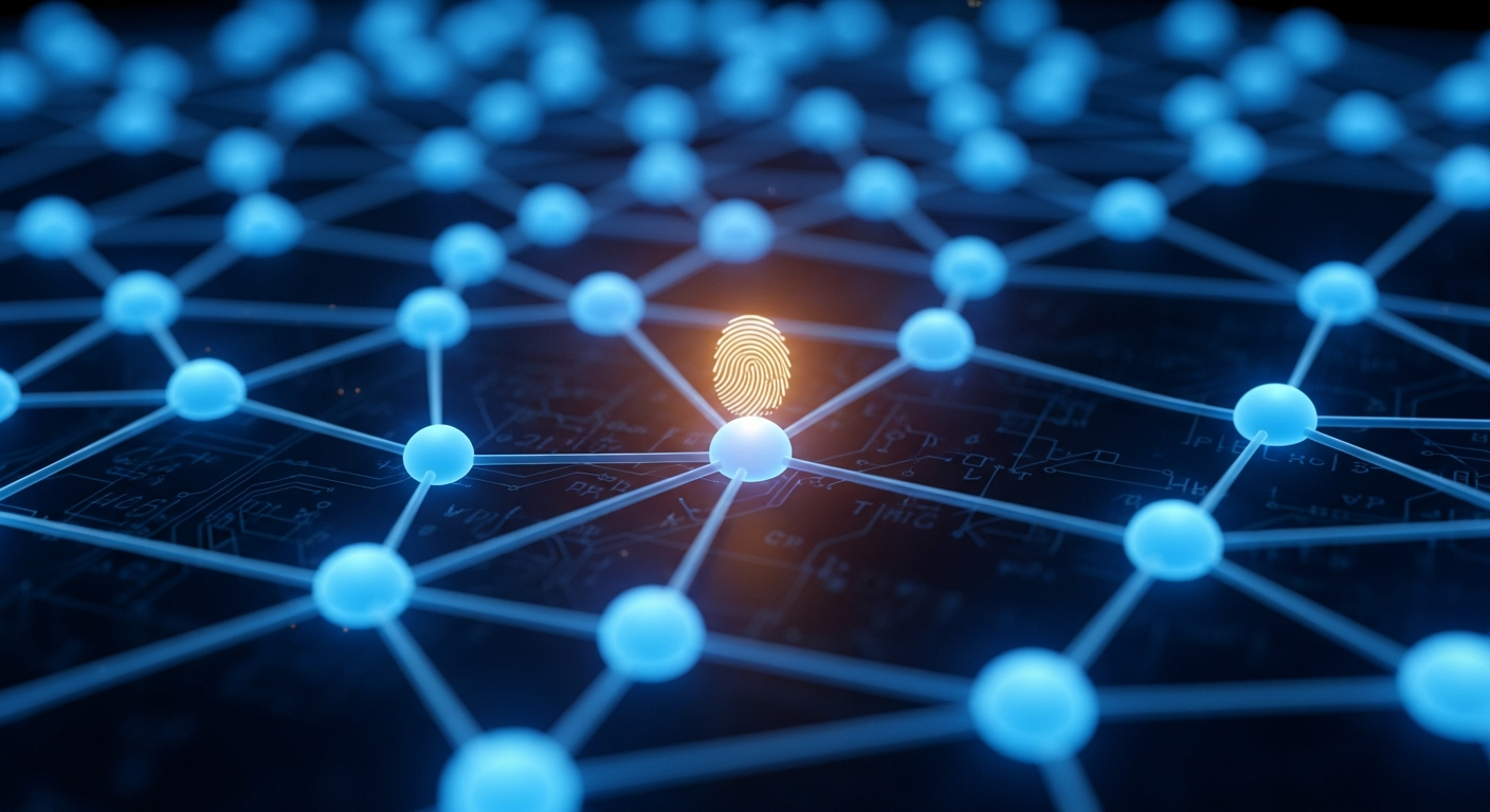 AI_IMAGE: A close-up of a neural network visualization rendered as luminous blue nodes and edges floating against a deep midnight-blue background, with faint mathematical formulas and circuit-board traces etched into the surrounding darkness, a single warm amber highlight suggesting a human fingerprint touching one node, scholarly and contemplative mood | photorealistic | 16:9