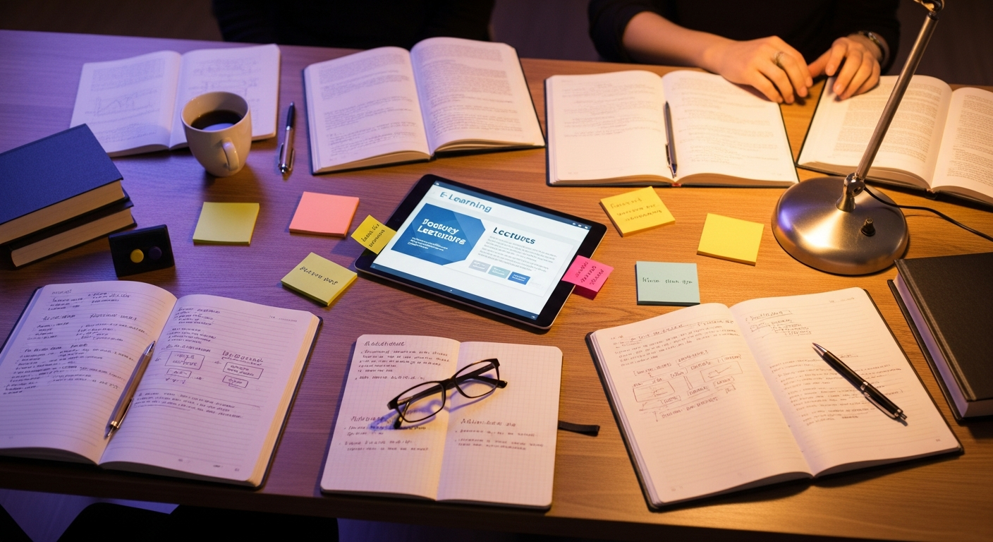 AI_IMAGE: An overhead view of a university seminar table scattered with open notebooks, a tablet displaying an e-learning interface, colored sticky notes, and a pair of reading glasses, warm ambient lighting from a desk lamp casting soft violet and ivory shadows, scholarly and intimate atmosphere | photorealistic | 16:9