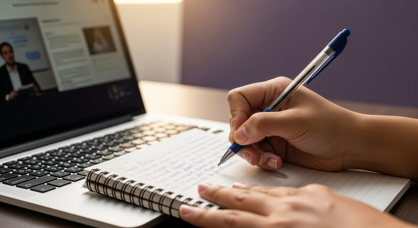 AI_IMAGE: A close-up of a student's hands writing notes by hand in a ruled notebook beside an open laptop showing a video lecture, soft natural window light, shallow depth of field blurring the screen content, muted purple and ivory tones, contemplative and studious mood | photorealistic | 16:9
